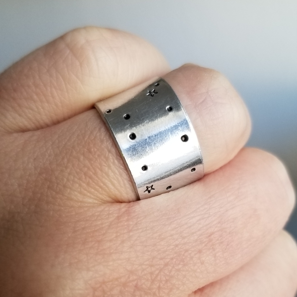 Handstamped Gemini zodiac constellation ring Sz 7